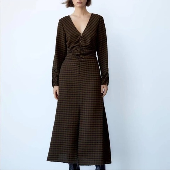 Zara Dresses & Skirts - ZARA Buffalo Check Plaid Midi Draped Dress Long Sleeve